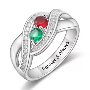Personalized Mom or Grandma Ring 2 Cabochons Birthstones and Inner Engraving - Picture 1 of 6