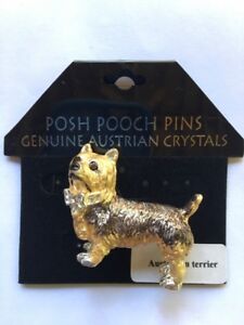New Posh Pooch Pins Pin Brooch Australian Terrier Dog Austrian Crystals