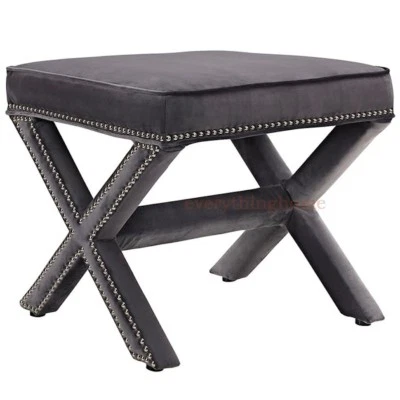 Hallway Bedroom Bench Stool Ottoman Nail Head Trim Black, Gray, Blue, White - Image 1 of 4