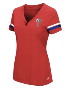 (NEW) Women's Majestic Philadelphia Phillies Sparkling Fun Button V-Neck tshirt - Picture 1 of 2