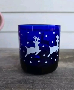 Libbey White Reindeer on Cobalt Blue Glass Holiday Glass 3½" EUC - Picture 1 of 8