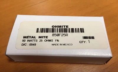 Resistencia Ohmite 850F25R, Cable Axial, 25 ohm, 50 W, 1170 V, ± 1%, Serie 850,  Foto 1 de 2
