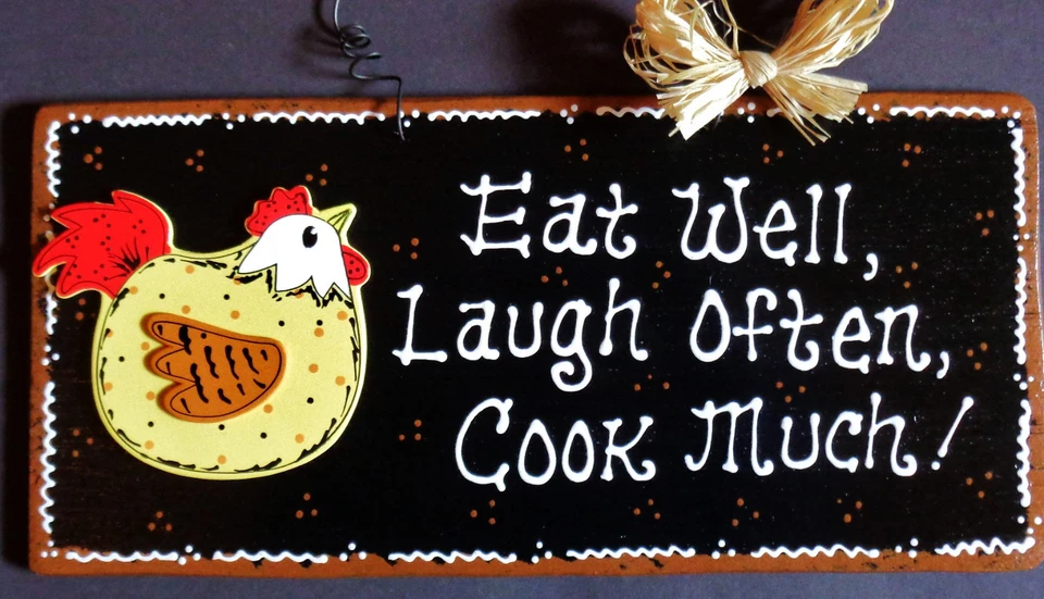 CHICKEN KITCHEN SIGN Eat Laugh Cook WALL Art HANGER PLAQUE Country Rooster Decor - Image 1 of 1