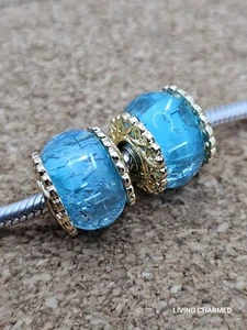 2 X Authentic Blue Glitter Gold Core European Murano Spacer Charm Beads Lot - Picture 1 of 3