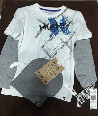 NEW 2 pc thermal HURLEY  boys sz   6 long sleeve t shirt beanie hat white - Image 1 of 2