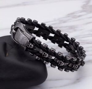 braided leather bracelet with skull for men,steel matte black stainless steel