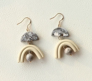 Half Moon Dangle Earrings Quirky Rainbow Grey Beige Abstract Beaded Drop - Picture 1 of 1