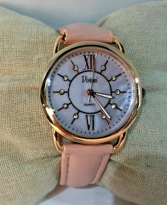 Vivani Women's Watch 34MM Gold Case Pink Dial Pink Leather Bands New Battery - Image 1 of 4