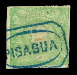 PERU 1868 Coat of Arms 1d green Scott # 14 used w/ blue "PISAGUA" cancel F/VF - Picture 1 of 2