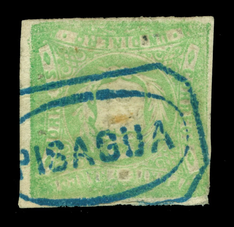 PERU 1868 Coat of Arms 1d green Scott # 14 used w/ blue "PISAGUA" cancel F/VF - Image 1 of 2