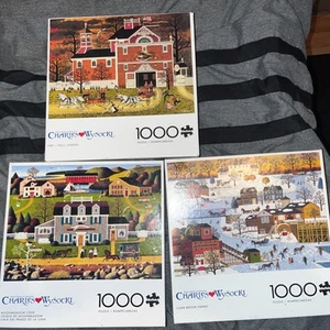 LOT of 3 WYSOCKI 1000 pcs Puzzles Fire/Meadow Cove/Cider Brook Farms UNCOUNTED! - Picture 1 of 5