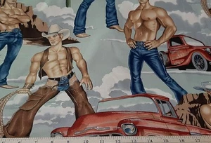 ALEXANDER HENRY Fabric - WRANGLERS - Sexy Cowboys - Gray Skies - 27" REMNANT - Picture 1 of 1