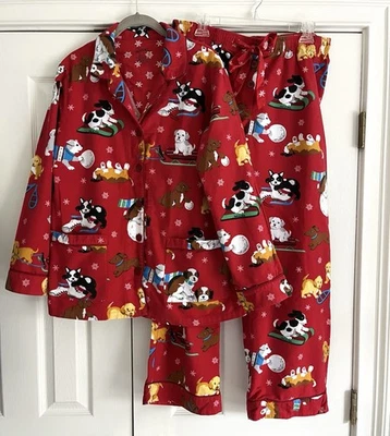 Conjunto de pijama Nick & Nora botão cordão flanela algodão filhote vermelho feminino tamanho G - Imagem 1 de 4