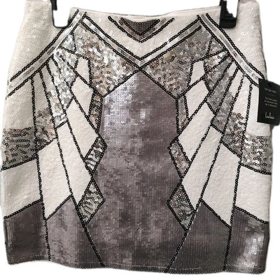 Minifalda Lulus Lentejuelas Talla L Plateada Blanca Negra Geométrica Art Deco Fiesta Cóctel Foto 1 de 4