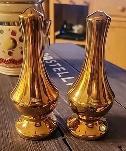 Genie Bottle Style Gold Salt Pepper Shakers 5" Mid Century 22k Porcelain Vintage - Picture 1 of 8