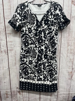 Talbots  Floral Midi Dress Womens Small Black /white Short Sleeve Pullover - Image 1 of 4