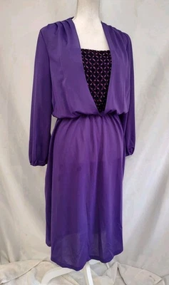 70's Vintage Dress Purple Day Dress Disco Era Deep V Neck Ribbon Tank Layer Sz L - Image 1 of 4