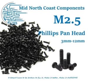 M2.5 x 3mm ~ 25mm Phillips Pan Head Machine Screws Black Oxide Steel - Foto 1 di 3