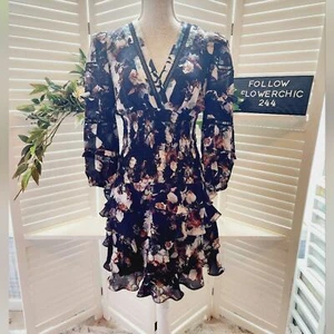 NICOLE MILLER BLACK NEW FLORAL DRESS MSRP 375.00 MED - Picture 1 of 7