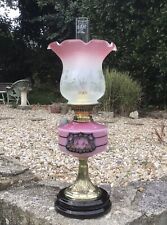Antique Oil Lamp Pink Cased Glass Font Hand Painted Flowers Duplex Burner 