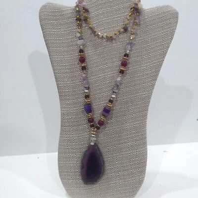 Collar con cuentas de rebanada de ágata púrpura, 32" de largo, cristal amatista tono dorado Whimsigoth Foto 1 de 4