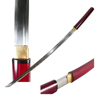 MAKOTO 手工制作 Shirasaya Samurai Katana Sharp Sword 勃艮第红色 — 第 1/4 张图片