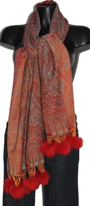 Echarpe pure laine rouge avec pompons Bon état - Picture 1 of 5