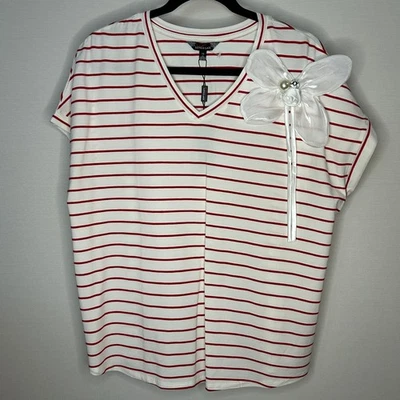 Love & Lace Red Striped V-Neck T-Shirt Top Floral Embellishment Womens 1X NWT - Image 1 of 4