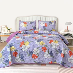 Heymybed Boho Floral Quilt Set King Size 3 Pieces Purple Bedspread Coverlet w... - Picture 1 of 7