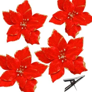 12 pcs Red Glitter Poinsettia Artificial Christmas Flowers with Clip Ornaments - Picture 1 of 8