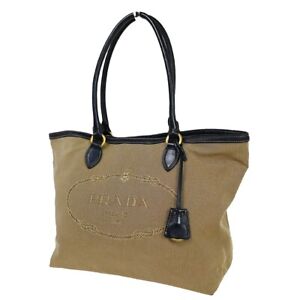 PRADA Logo Shoulder Tote Bag Canvas Leather Brown Navy Blue Gold 69YD750