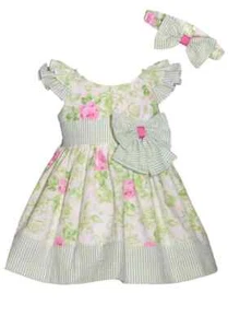 NWT Bonnie Jean Girls 18M Green Flutter Sleeve Floral Dress Panties Headband - Picture 1 of 2