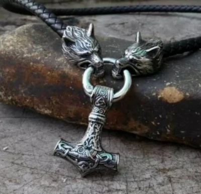 Halskette Herrenkette Männerkette Wölfe Thors Hammer Wikinger Norden Mystic - Bild 1 von 4