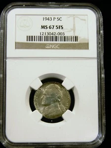1943-P JEFFERSON 35% SILVER WAR NICKEL, NGC MS-67 5FS, REGISTRY QUALITY - Picture 1 of 3