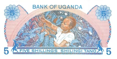 Uganda  5/-   ND. 1979  P 10  Series  A/89  Uncirculated Banknote  HJ 11 - Image 1 of 2
