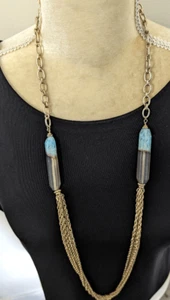 Chico's gold tone chain faux lavender teal crystal necklace 42" - Picture 1 of 4