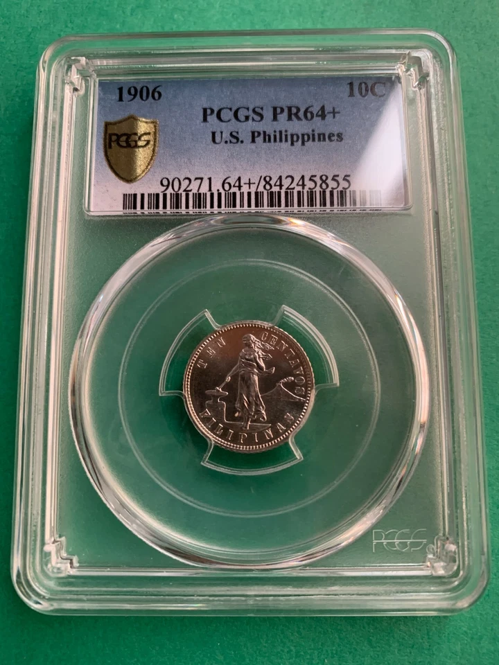 ФИЛИППИНЫ США ДЕСЯТЬ СЕНТАВО ДОКАЗАТЕЛЬСТВО 1906 PCGS PF 64 + ЗЕРКАЛО БЕЛЫЙ   - Изображение 1 из 4