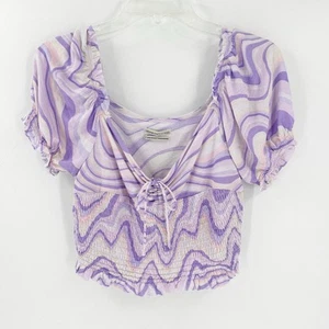 Urban Outfitters Lilac Swirl Smocked Scoop Neck Puff Sleeve Crop Top Size Large - Picture 1 of 8