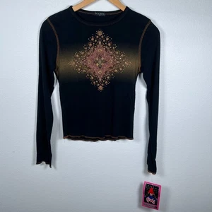 Vintage Womens Fang Y2K T Shirt Sz M Indie Grunge Glitter Fitted Layering Black - Picture 1 of 10