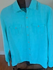 Eye Catching Oceans & Coast  Blue LINEN Long Sleeve Safari Shirt Size L  - Picture 1 of 3