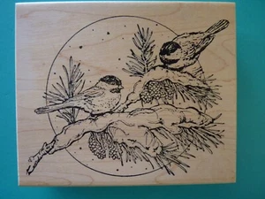 Bird Pair on Snowy Branch, Large NORTHWOODS Rubber Stamp - Picture 1 of 2