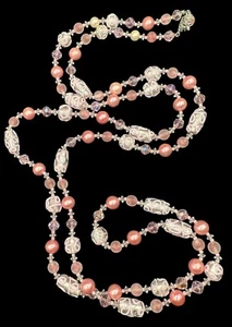56” Pink Lampwork Satin Glass Pearl AB Crystal Rhinestone Necklace Vendome READ - Picture 1 of 10