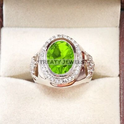 Piedras preciosas de corte ovalado de peridoto con anillo de plata de ley 925 para hombre #B492 * Foto 1 de 4
