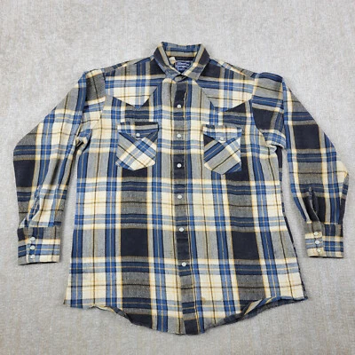 Camisa De Franela Occidental DEE CEE De Colección Para Hombres 16 M Azul A Cuadros Perla A Presión Hecha en EE. UU. Foto 1 de 4