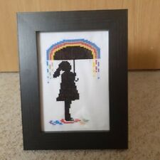 Handmade cross stitch black and rainbow coloured decor with frame NEW