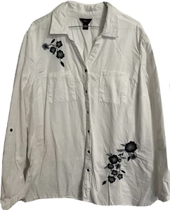 Shirt Blouse Sz XL Embroidered Blue Flowers Button White - Picture 1 of 6