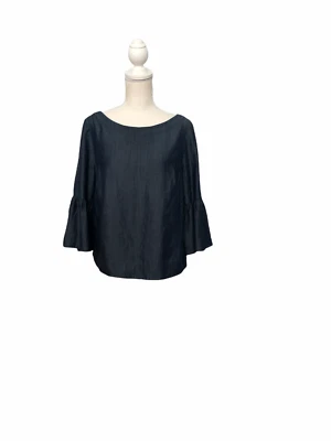 White House Black Market Women Crop Blouse Size 10 Blue Chambray Ruffle Sleeve - Image 1 of 3