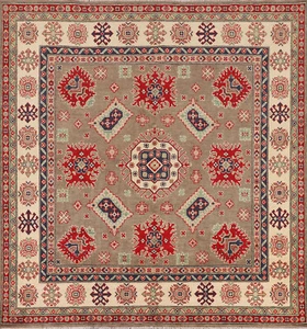 Square Wool Geometric Kazak Oriental Rug 7x7 Handmade Carpet - Picture 1 of 21