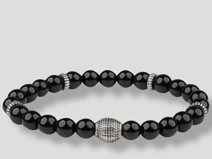 Bespoke Men's Bracelet Black Silver Agate Beaded GEMSTONE Accessory #633