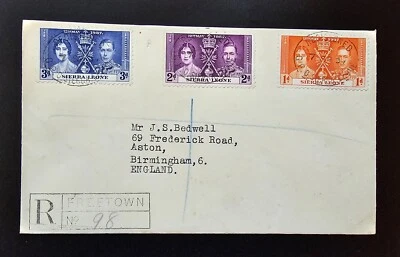 Sierra Leona 1937 KGVI Coronación conjunto en cubierta registrada 98 BIRMINGHAM Inglaterra  Foto 1 de 4